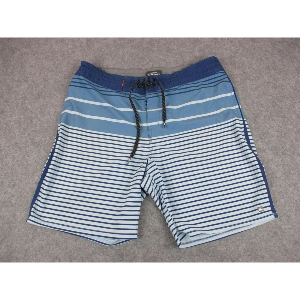 Quiksilver Board Shorts Mens 34 Blue Striped Waterman Swim Trunks Bathing Suit
